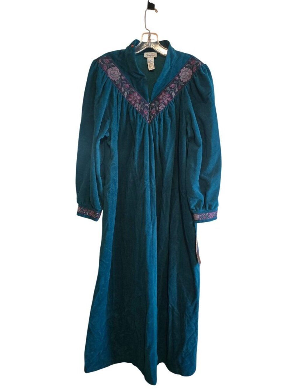 Vanity Fair Long Embroidered Velvet Gown Teal Floral Trim grannycore cottagecore